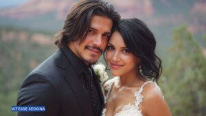 Young newlywed couple embracing in front of Sedona’s iconic red rock landscape, dressed in elegant wedding attire, with a luxury vehicle nearby for premium transportation on their special day.