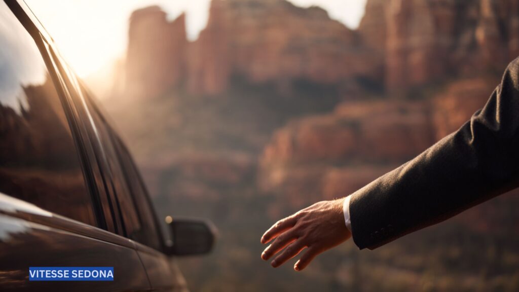 Luxury chauffeured SUV with Sedona’s iconic red rock formations in the background, showcasing comfort and style for group travel or events.