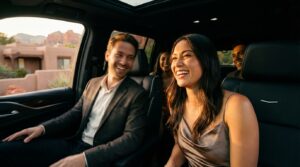 Group of friends laughing together beside a luxury black Cadillac SUV with black leather interior, parked outside a Sedona home at golden hour, showcasing relaxed upscale group travel vibes against a warm desert backdrop. Caption