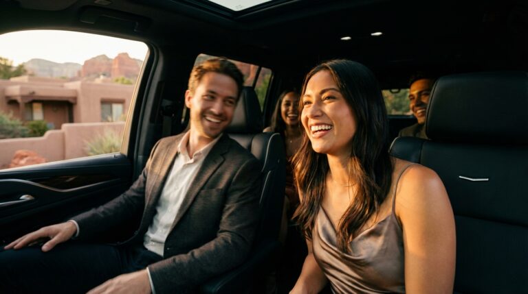 Group of friends laughing together beside a luxury black Cadillac SUV with black leather interior, parked outside a Sedona home at golden hour, showcasing relaxed upscale group travel vibes against a warm desert backdrop. Caption