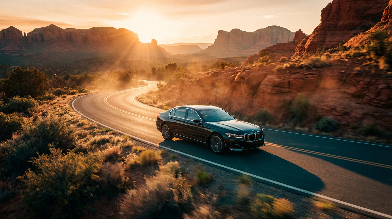 Luxurious black sedan driving along a smooth road with dramatic Sedona red rock formations and blue sky in the background.