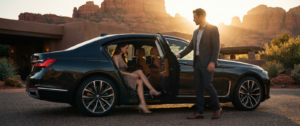 Luxurious black sedan driving along a smooth road with dramatic Sedona red rock formations and blue sky in the background.