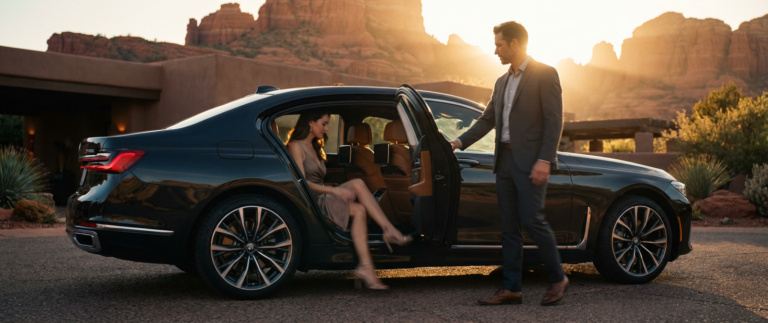 Luxurious black sedan driving along a smooth road with dramatic Sedona red rock formations and blue sky in the background.