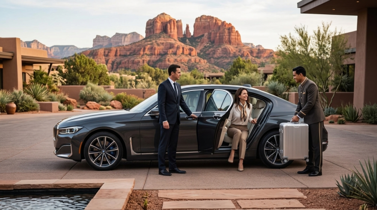 Sophisticated woman stepping out of a luxury chauffeur-driven sedan at a Sedona resort entrance.