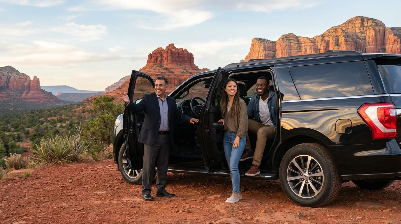 Chauffeur pausing with clients at a scenic Sedona red-rock outlook