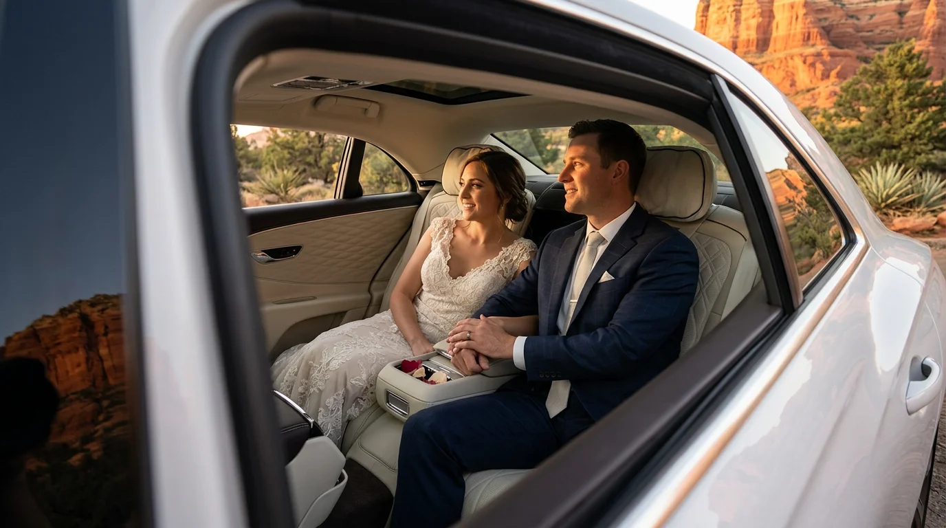 Bridal couple sitting in backseat of luxurious white Bentley Flying Spur during Sedona destination wedding