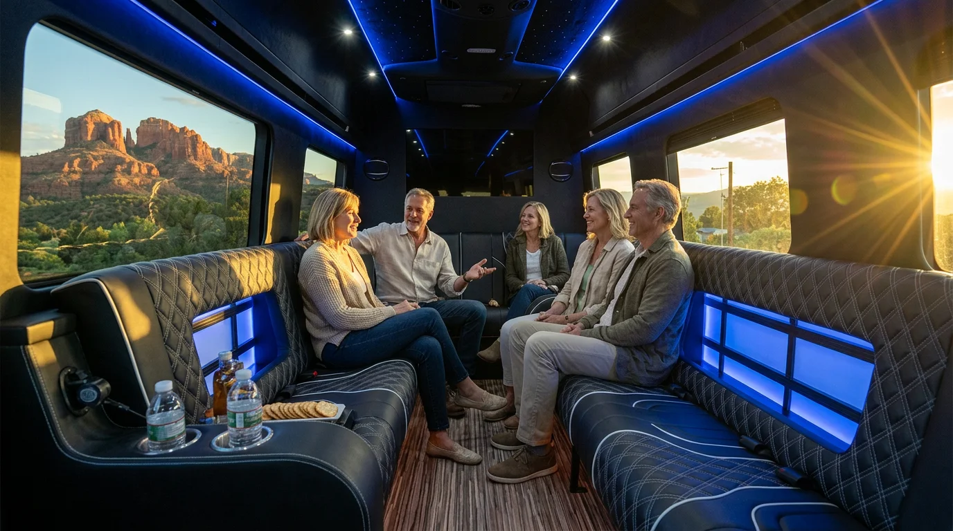 Friends relaxing in a limo during a Sedona wine tour with a private chauffeur