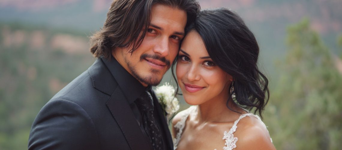 Young newlywed couple embracing in front of Sedona’s iconic red rock landscape, dressed in elegant wedding attire, with a luxury vehicle nearby for premium transportation on their special day.