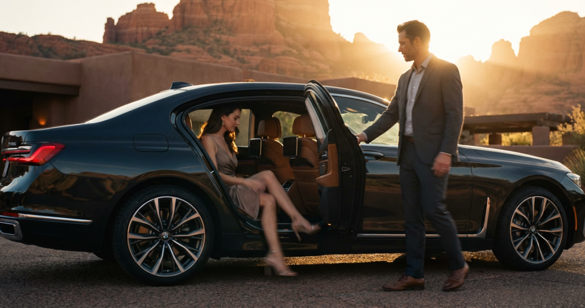 Luxurious black sedan driving along a smooth road with dramatic Sedona red rock formations and blue sky in the background.